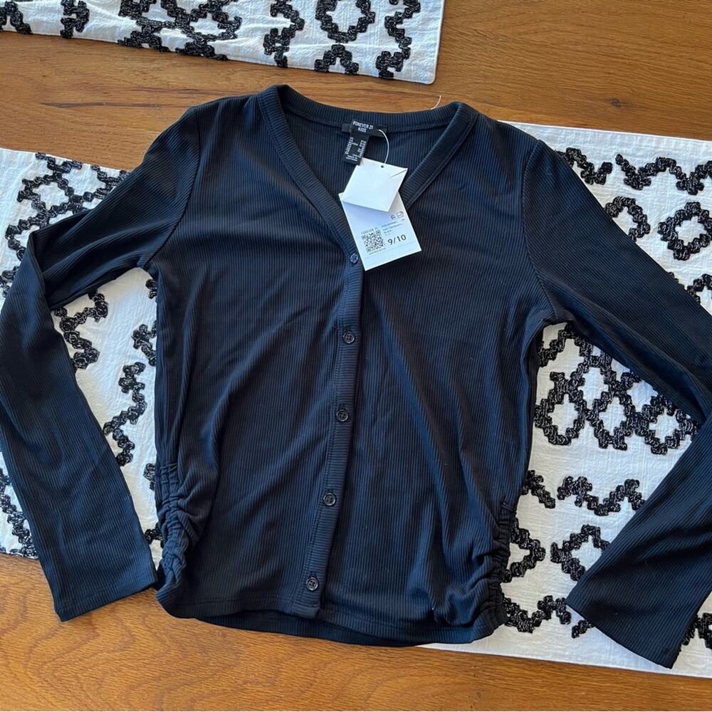 NEW forever 21 kids black ribbed long sleeve button down top girls size 9/10
